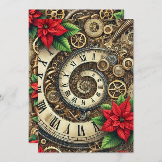 Druck-Steampunk-Uhrwerk-Spiralen & Poinsettia Einladung (Vorne/Hinten)