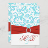 DRUCKband Aqua-roter weißer Damast laden ein Einladung (Vorne/Hinten)