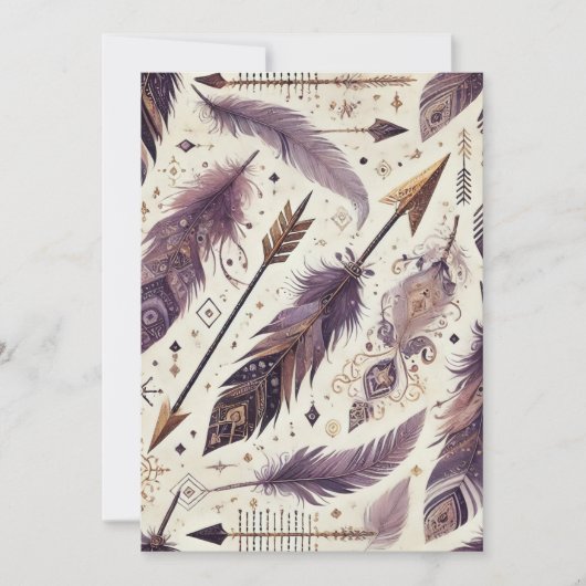 Druckbare Lila- und Goldboho-Pfeile und -Federn Einladung (Vorderseite)