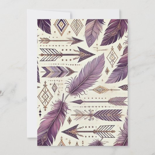 Druckbare Lila- und Goldboho-Pfeile und -Federn Einladung (Rückseite)