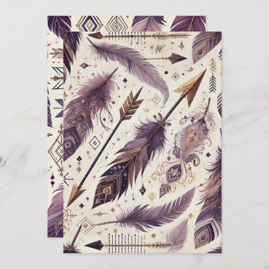 Druckbare Lila- und Goldboho-Pfeile und -Federn Einladung (Vorne/Hinten)