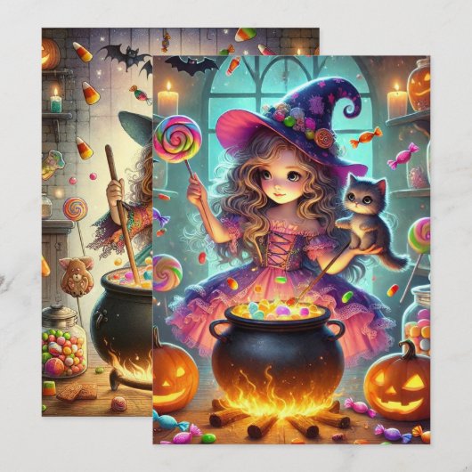 druckbare Niedliche Whimsical HexenHalloween-Lecke Einladung (Vorne/Hinten)