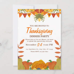 Druckbare Orange Kürbis Thanksgiving-Dinnerparty Einladung