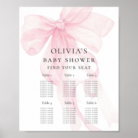 Druckbare rosa Schleife Baby Shower Sitzplan Poster (Vorne)