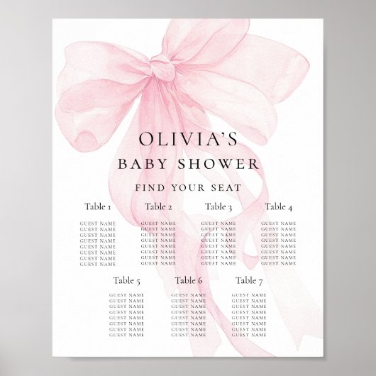 Druckbare rosa Schleife Baby Shower Sitzplan Poster (Vorne)