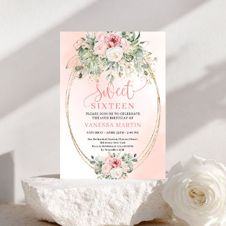 Druckbare roséfarbene und goldene Sweet 16 Party-E Einladung