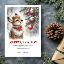 Druckbare Weihnachtsszene mit Babyreh in Wasserfar