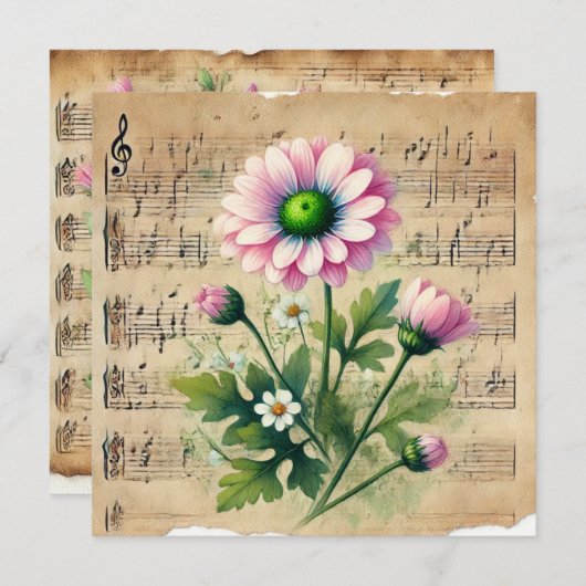 Druckbares Vintages Pink & Green Daisies Scrapbook Einladung (Vorne/Hinten)