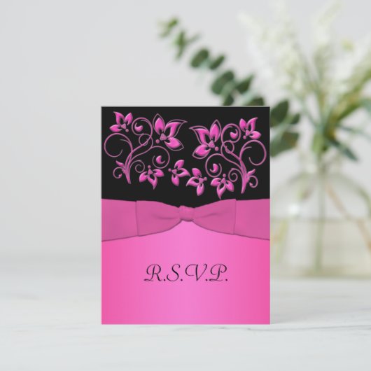 DRUCKBONschwarze, rosa, florale RSVP-Karte RSVP Karte (Stehend Vorderseite)