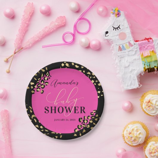 Druckdusche aus rosa Leopard Pappteller (Party)