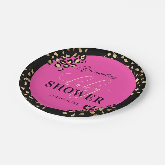 Druckdusche aus rosa Leopard Pappteller (Schrägansicht)