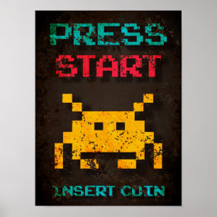 Drücken Sie die Taste Start Coin Arcade Pixel einf Poster