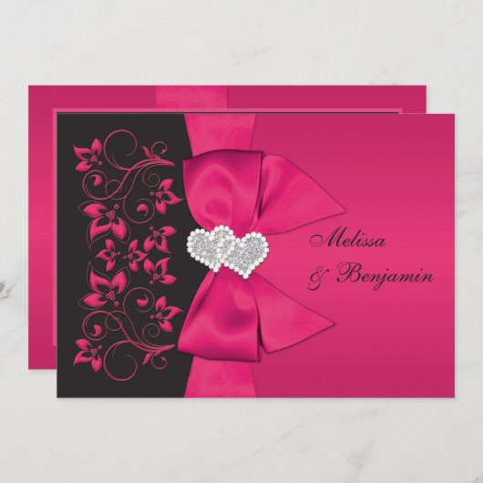 DRUCKENDE RIBBON Rosa, Schwarz-Flora-Hochzeit Einl Einladung (Vorne/Hinten)