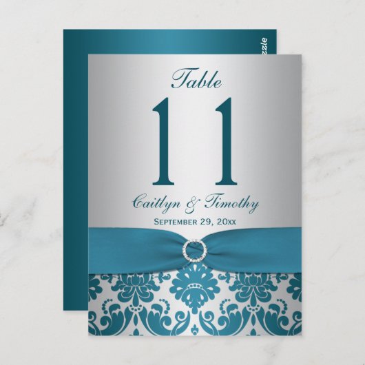 DRUCKER RIBBON Aquamarin Damask Tischnummer Postka (Vorne/Hinten)