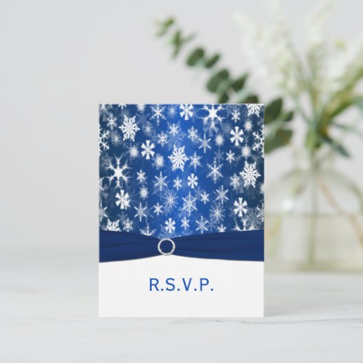 DRUCKER RIBBON Blue, White Snowflakes RSVP Card (Stehend Vorderseite)