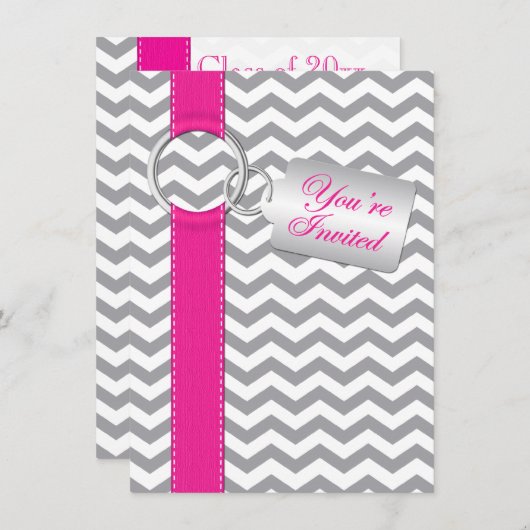 DRUCKER RIBBON Pink Grey White Abschluss Einladung (Vorne/Hinten)