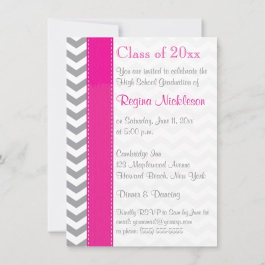 DRUCKER RIBBON Pink Grey White Abschluss Einladung (Rückseite)