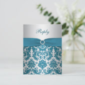 DRUCKER RIBBON-Silber, Aquamarine Damaskus-Antwort RSVP Karte (Stehend Vorderseite)