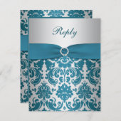 DRUCKER RIBBON-Silber, Aquamarine Damaskus-Antwort RSVP Karte (Vorne/Hinten)