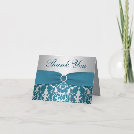 DRUCKER RIBBON Silver, Aquamarin Damask Danke Kart (Vorderseite)