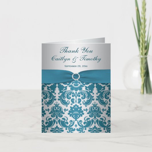 DRUCKER RIBBON Silver, Aquamarin Damask Danke Kart (Vorderseite)