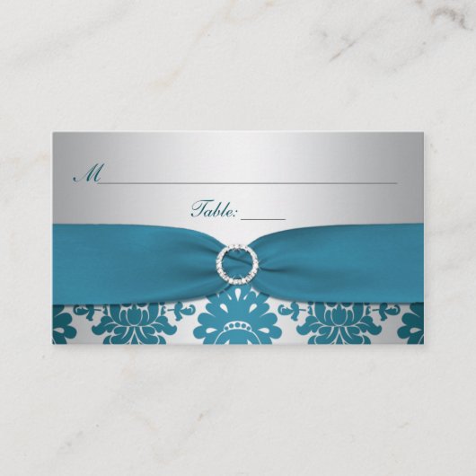 DRUCKER RIBBON Silver, Aquamarin Damask Platzkarte (Vorderseite)