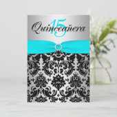 DRUCKER RIBON Aqua Silver Black Quinceanera Einladung (Stehend Vorderseite)