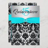 DRUCKER RIBON Aqua Silver Black Quinceanera Einladung (Vorne/Hinten)