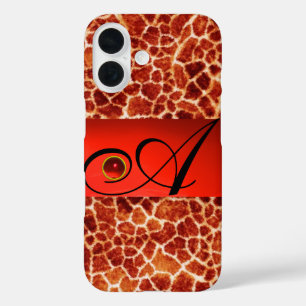 DRUCKGIRAFFE-HAUT-ROTE RUBY GEMSTONE-MONOGRAMM, iPhone 16 HÜLLE