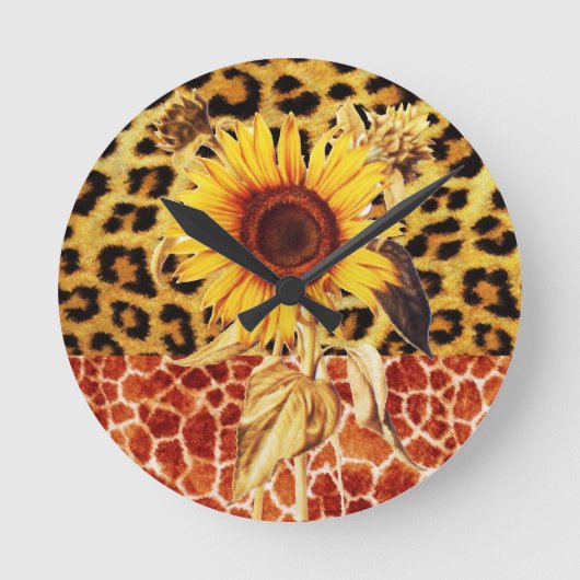 DRUCKGIRAFFE, LEOPARD FUR UND SONNENBLUME RUNDE WANDUHR (Vorderseite)