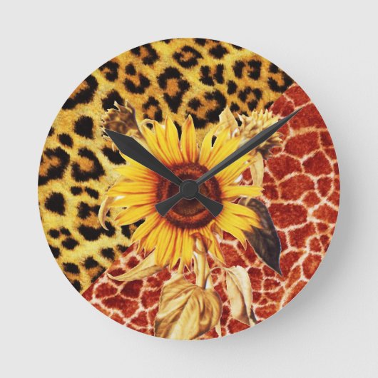 DRUCKGIRAFFE, LEOPARD FUR UND SONNENBLUME RUNDE WANDUHR (Vorderseite)