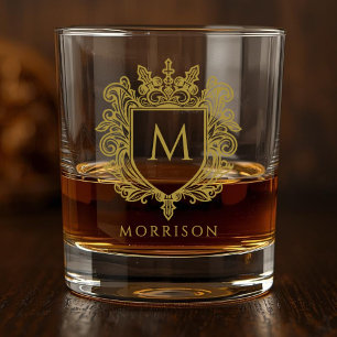 Druckglas mit goldenem Monogrammwappen für Whiskey Whiskyglas