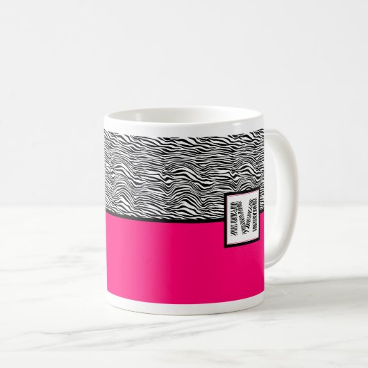 Druckmonogramm (schwarz/weiß) mit weißem Zebra Kaffeetasse (VorderseiteRechts)