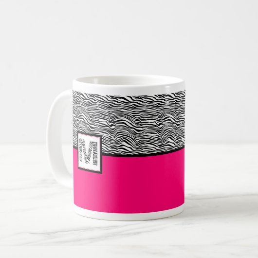 Druckmonogramm (schwarz/weiß) mit weißem Zebra Kaffeetasse (Vorderseite Links)