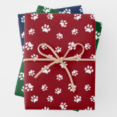 Druckmuster mit weißem Pfoten auf Rot Grün Blau Geschenkpapier Set (Beispiel)