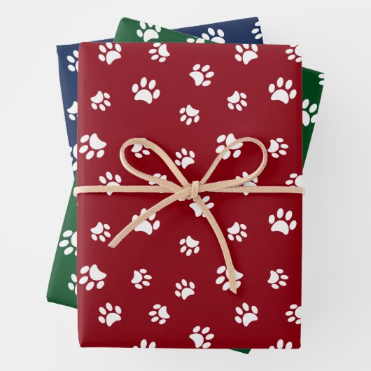 Druckmuster mit weißem Pfoten auf Rot Grün Blau Geschenkpapier Set (Beispiel)