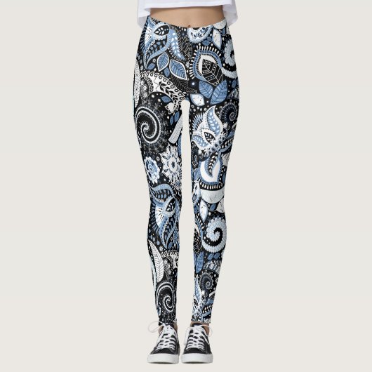 Druckmuster Weiß & Blau Paisley Leggings (Vorderseite)