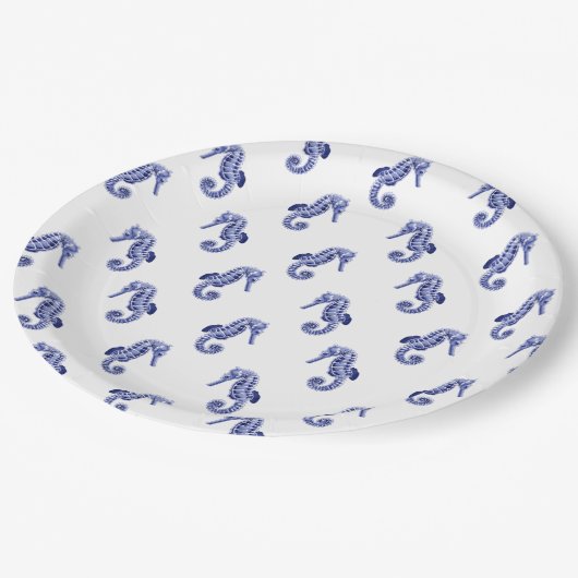Druckpapiertafel für blaues und weißes Seepferd Pappteller (Schrägansicht)