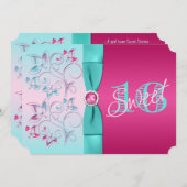 DRUCKPink, Aqua Floral 16 . Geburtstag Einladung (Vorne/Hinten)