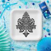 Druckplatte aus schwarz-weißem Damast Pappteller (Party)