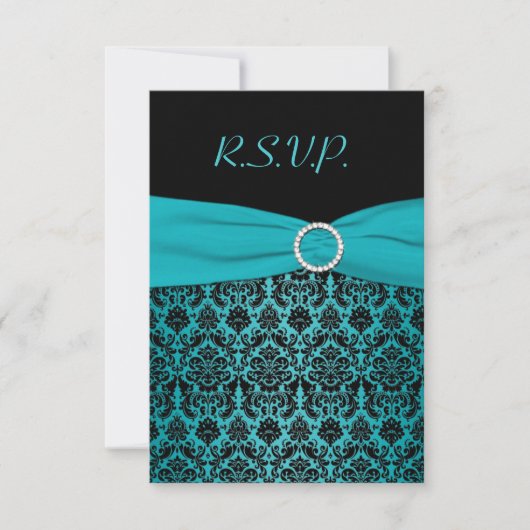 DRUCKTE RIBBON Aqua, Black Damask Repcard Einladung (Vorderseite)