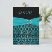 DRUCKTE RIBBON Aqua, Black Damask Repcard Einladung (Stehend Vorderseite)