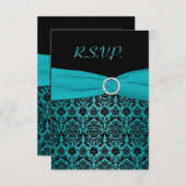 DRUCKTE RIBBON Aqua, Black Damask Repcard Einladung (Vorne/Hinten)