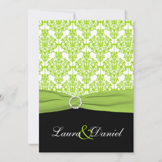 DRUCKTE RIBBON Black, Green Damask Wedite Einladung (Vorderseite)