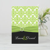 DRUCKTE RIBBON Black, Green Damask Wedite Einladung (Stehend Vorderseite)
