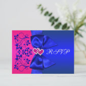 DRUCKTE RIBBON Blau, rosa, florale Hochzeitkarte R RSVP Karte (Stehend Vorderseite)