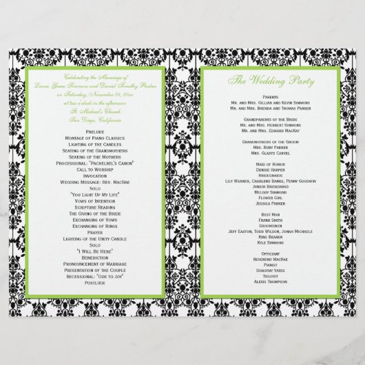 DRUCKTE RIBBON Chartreuse, Black Wedding Program (Rückseite)