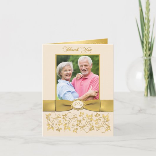 DRUCKTE RIBBON Ivory Gold Blumenkarte Dankeschön K Dankeskarte (Vorderseite)