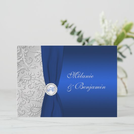 DRUCKTE RIBBON Navy Silver Damask Einladung (Stehend Vorderseite)
