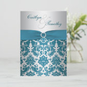 DRUCKTE RIBBON Silber, Aquamarin Damask Wedite Ein Einladung (Stehend Vorderseite)